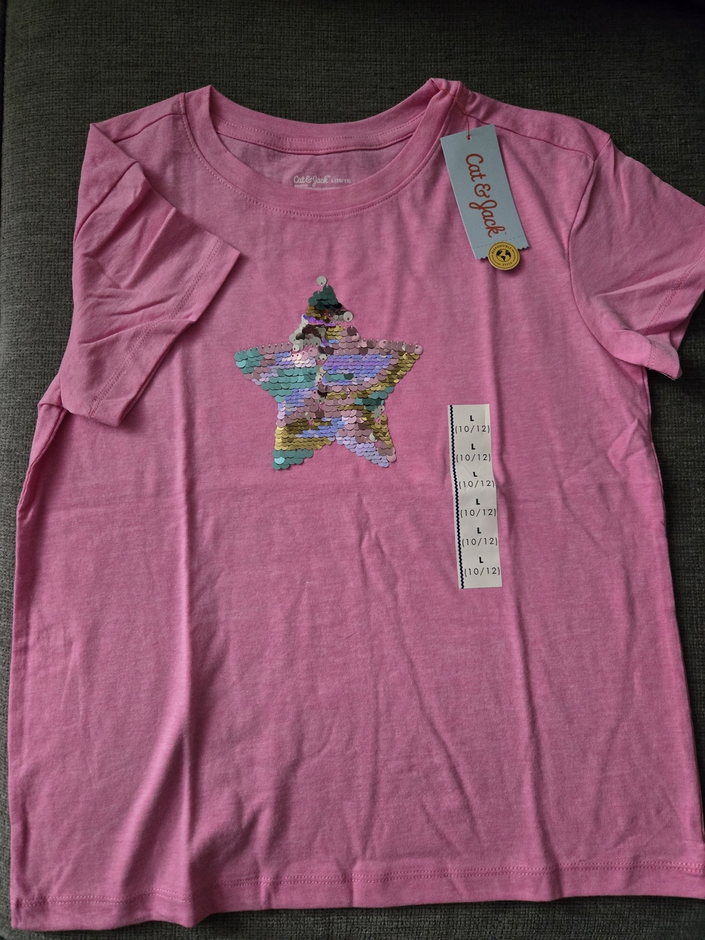 Cat & Jack Pink Short-Sleeve Tee with Multicolor Sequin Star Size 10/12